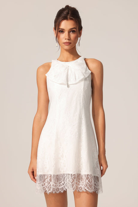 Carmela White Lace Overlay Ruffle Detail Knee-Length Dress