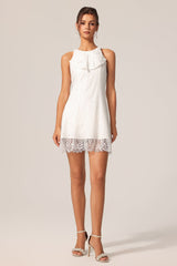 Carmela White Lace Overlay Ruffle Detail Knee-Length Dress