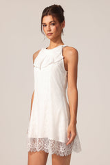 Carmela White Lace Overlay Ruffle Detail Knee-Length Dress