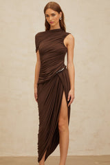 Carmelina Midi Dress - Fitted Waistline - Ruched Detailing - Asymmetrical Design - Embossed Hardware - Rear Zip