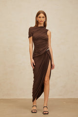 Carmelina Midi Dress - Fitted Waistline - Ruched Detailing - Asymmetrical Design - Embossed Hardware - Rear Zip