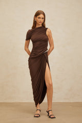 Carmelina Midi Dress - Fitted Waistline - Ruched Detailing - Asymmetrical Design - Embossed Hardware - Rear Zip