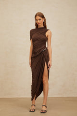 Carmelina Midi Dress - Fitted Waistline - Ruched Detailing - Asymmetrical Design - Embossed Hardware - Rear Zip