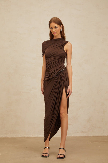 Carmelina Midi Dress - Fitted Waistline - Ruched Detailing - Asymmetrical Design - Embossed Hardware - Rear Zip