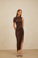 Carmelina Midi Dress - Fitted Waistline - Ruched Detailing - Asymmetrical Design - Embossed Hardware - Rear Zip