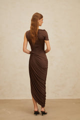 Carmelina Midi Dress - Fitted Waistline - Ruched Detailing - Asymmetrical Design - Embossed Hardware - Rear Zip