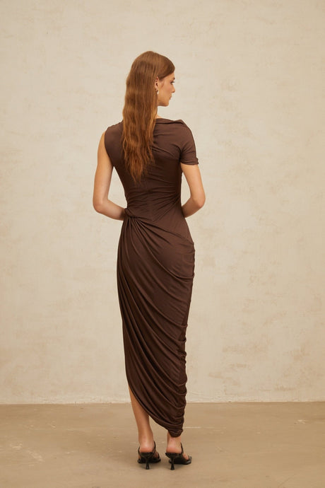 Carmelina Midi Dress - Fitted Waistline - Ruched Detailing - Asymmetrical Design - Embossed Hardware - Rear Zip