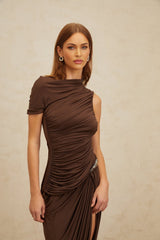 Carmelina Midi Dress - Fitted Waistline - Ruched Detailing - Asymmetrical Design - Embossed Hardware - Rear Zip