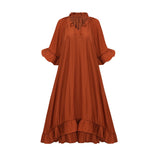 Carmelina Midi Dress - Frilled self - tie neck - Short sleeves - Shift style - Asymmetric hem