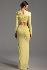 Carmelina Yellow Maxi Dress with Knot Detailing and Ruched Skirt