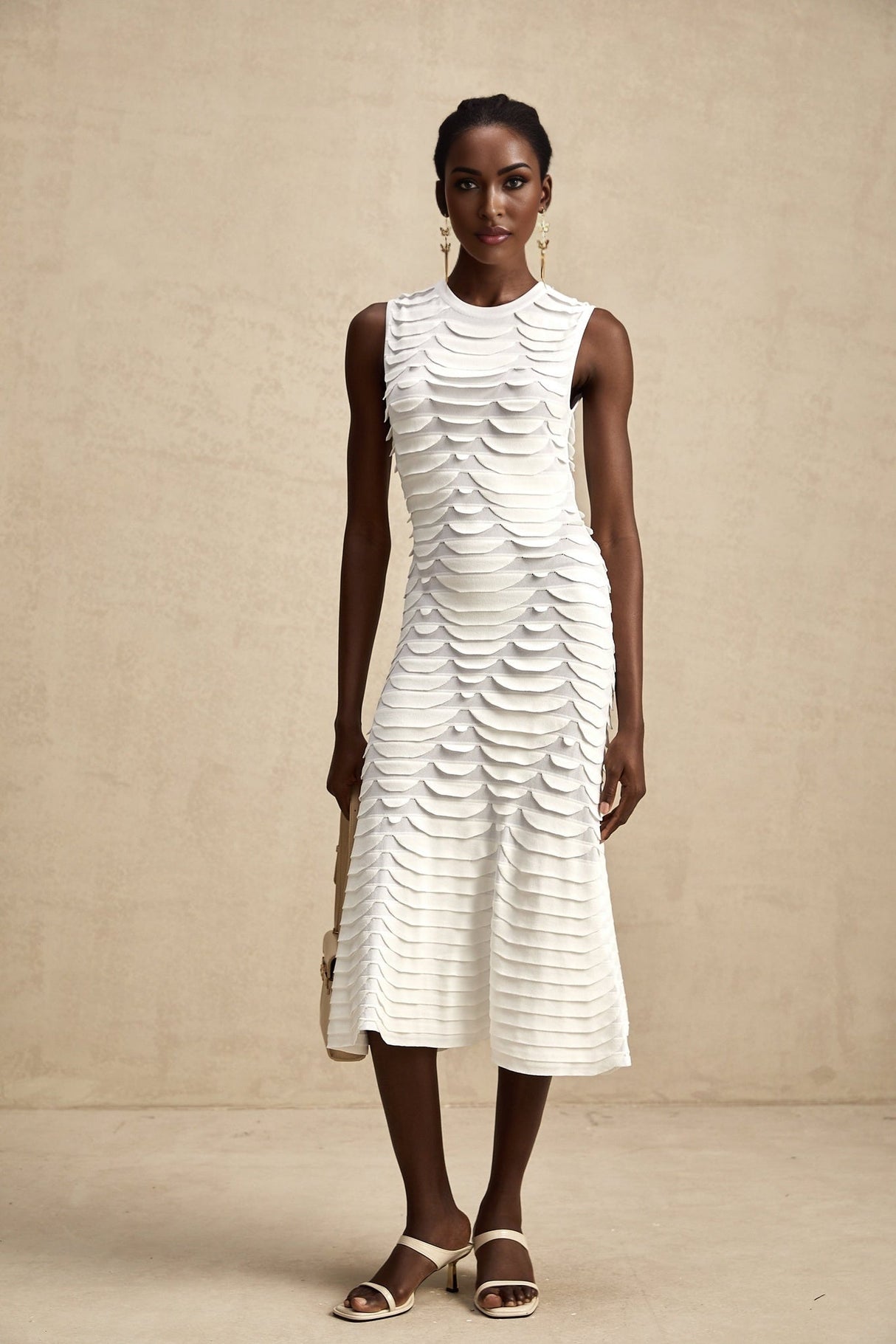 Carmen Midi Dress - Stretch Knit - Crew Neck - Sleeveless - Godet Design