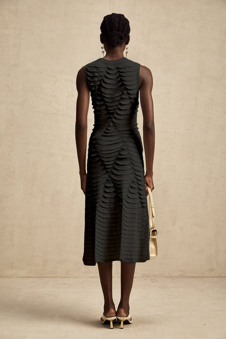 Carmen Midi Dress - Stretch Knit - Crew Neck - Sleeveless - Godet Design