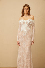 Carmen White Embellished Floral Lace Maxi Dress