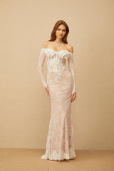 Carmen White Embellished Floral Lace Maxi Dress