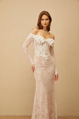 Carmen White Embellished Floral Lace Maxi Dress