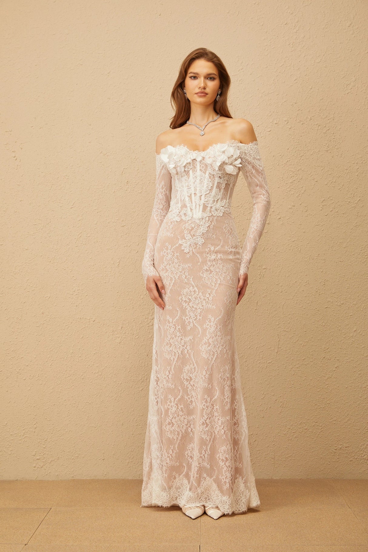 Carmen White Embellished Floral Lace Maxi Dress