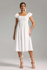Carmen White Smocked Detail Puff Sleeve Dress