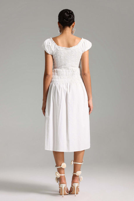 Carmen White Smocked Puff Sleeve Dress Elegant Playful