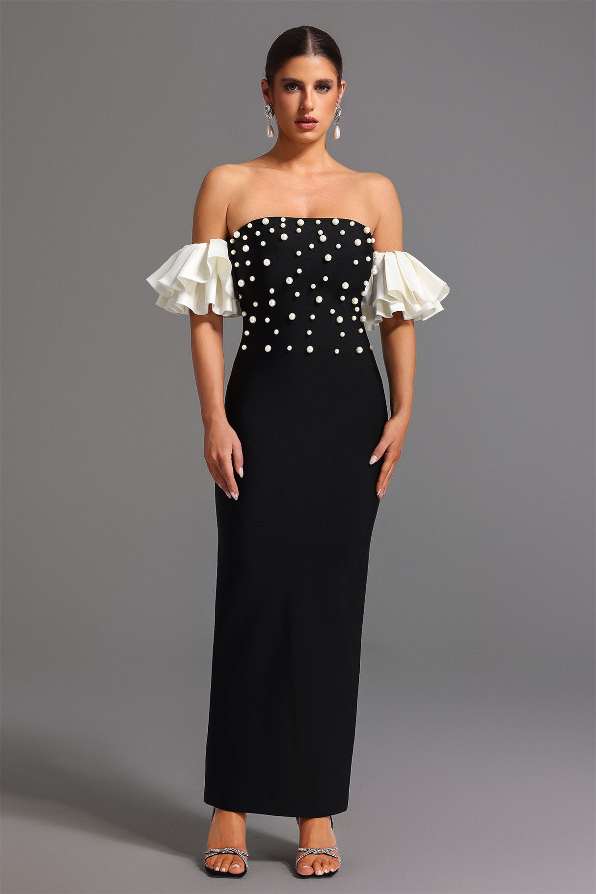Carmina Black Pearl Detail Strapless Maxi Dress Ruffled Sleeves Elegant Formal Evening Wear