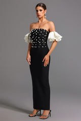 Carmina Black Pearl Detail Strapless Maxi Dress with Ruffled Sleeves