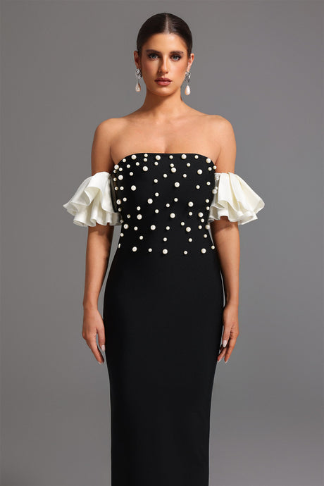 Carmina Black Pearl Detail Strapless Maxi Dress Ruffled Sleeves Elegant Formal Evening Wear