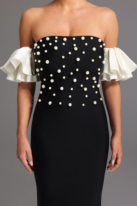 Carmina Black Pearl Detail Strapless Maxi Dress with Ruffled Sleeves