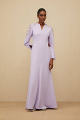 Carmina Gown - Long Sleeves - V - Neck - Fitted Waistline - Faux Pearl & Crystal Embellishment - Flared Hem