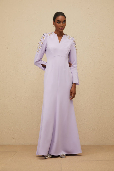 Carmina Gown - Long Sleeves - V - Neck - Fitted Waistline - Faux Pearl & Crystal Embellishment - Flared Hem