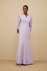 Carmina Gown - Long Sleeves - V - Neck - Fitted Waistline - Faux Pearl & Crystal Embellishment - Flared Hem