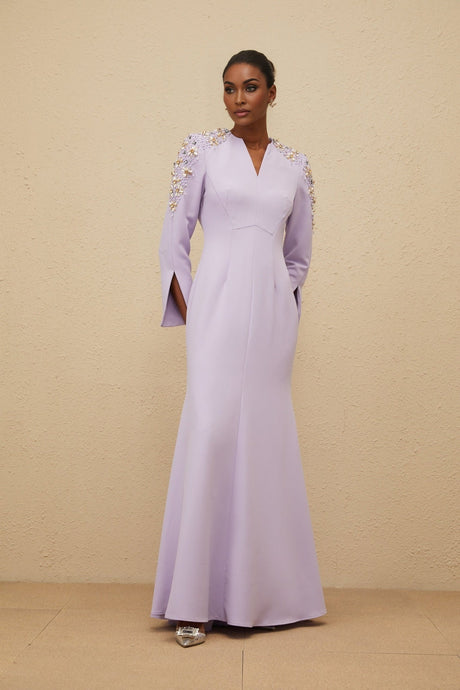 Carmina Gown - Long Sleeves - V - Neck - Fitted Waistline - Faux Pearl & Crystal Embellishment - Flared Hem