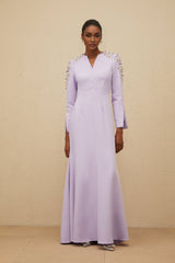 Carmina Gown - Long Sleeves - V - Neck - Fitted Waistline - Faux Pearl & Crystal Embellishment - Flared Hem