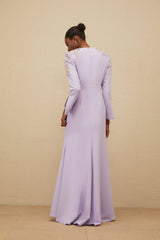 Carmina Gown - Long Sleeves - V - Neck - Fitted Waistline - Faux Pearl & Crystal Embellishment - Flared Hem