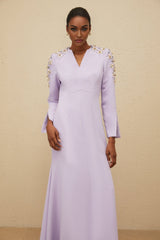 Carmina Gown - Long Sleeves - V - Neck - Fitted Waistline - Faux Pearl & Crystal Embellishment - Flared Hem