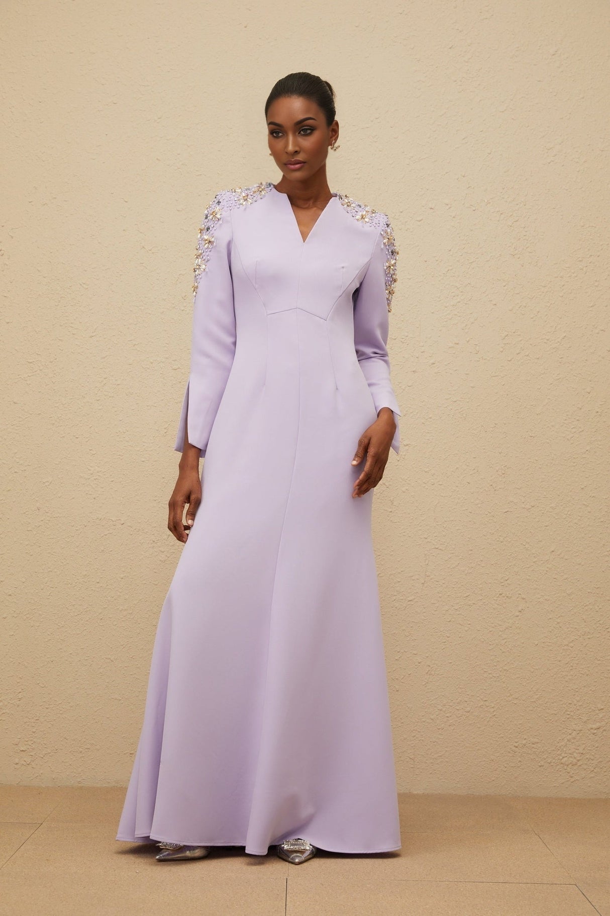 Carmina Gown - Long Sleeves - V - Neck - Fitted Waistline - Faux Pearl & Crystal Embellishment - Flared Hem