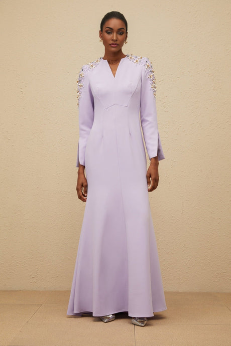 Carmina Gown - Long Sleeves - V - Neck - Fitted Waistline - Faux Pearl & Crystal Embellishment - Flared Hem