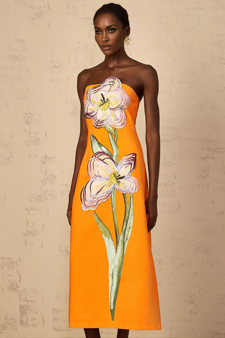 Carmina Midi Dress Orange Floral Sequin Embroidered Slit