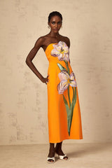 Carmina Midi Dress Orange Floral Sequin Embroidered Slit