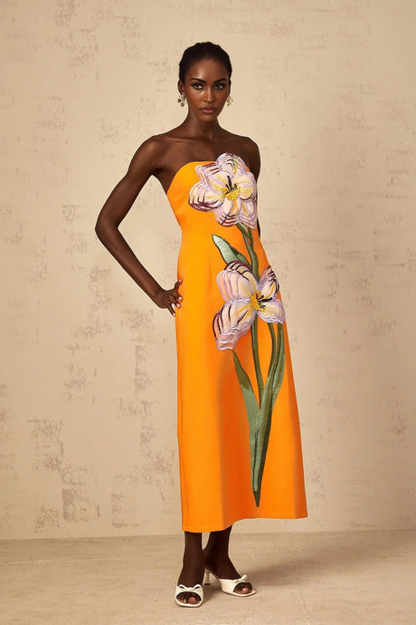 Carmina Midi Dress Orange Floral Sequin Embroidered Slit