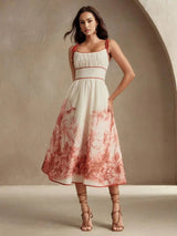 Carmina Midi Dress - Spaghetti Strap - Flared Hem - High Waist - Colorblock - Boho Style
