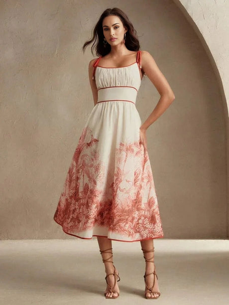 Carmina Midi Dress - Spaghetti Strap - Flared Hem - High Waist - Colorblock - Boho Style