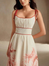 Carmina Midi Dress - Spaghetti Strap - Flared Hem - High Waist - Colorblock - Boho Style