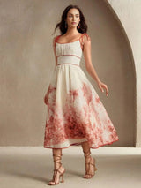 Carmina Midi Dress - Spaghetti Strap - Flared Hem - High Waist - Colorblock - Boho Style