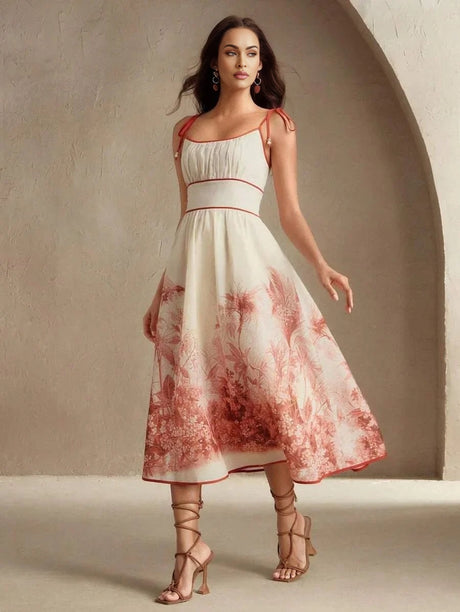 Carmina Midi Dress - Spaghetti Strap - Flared Hem - High Waist - Colorblock - Boho Style