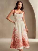 Carmina Midi Dress - Spaghetti Strap - Flared Hem - High Waist - Colorblock - Boho Style