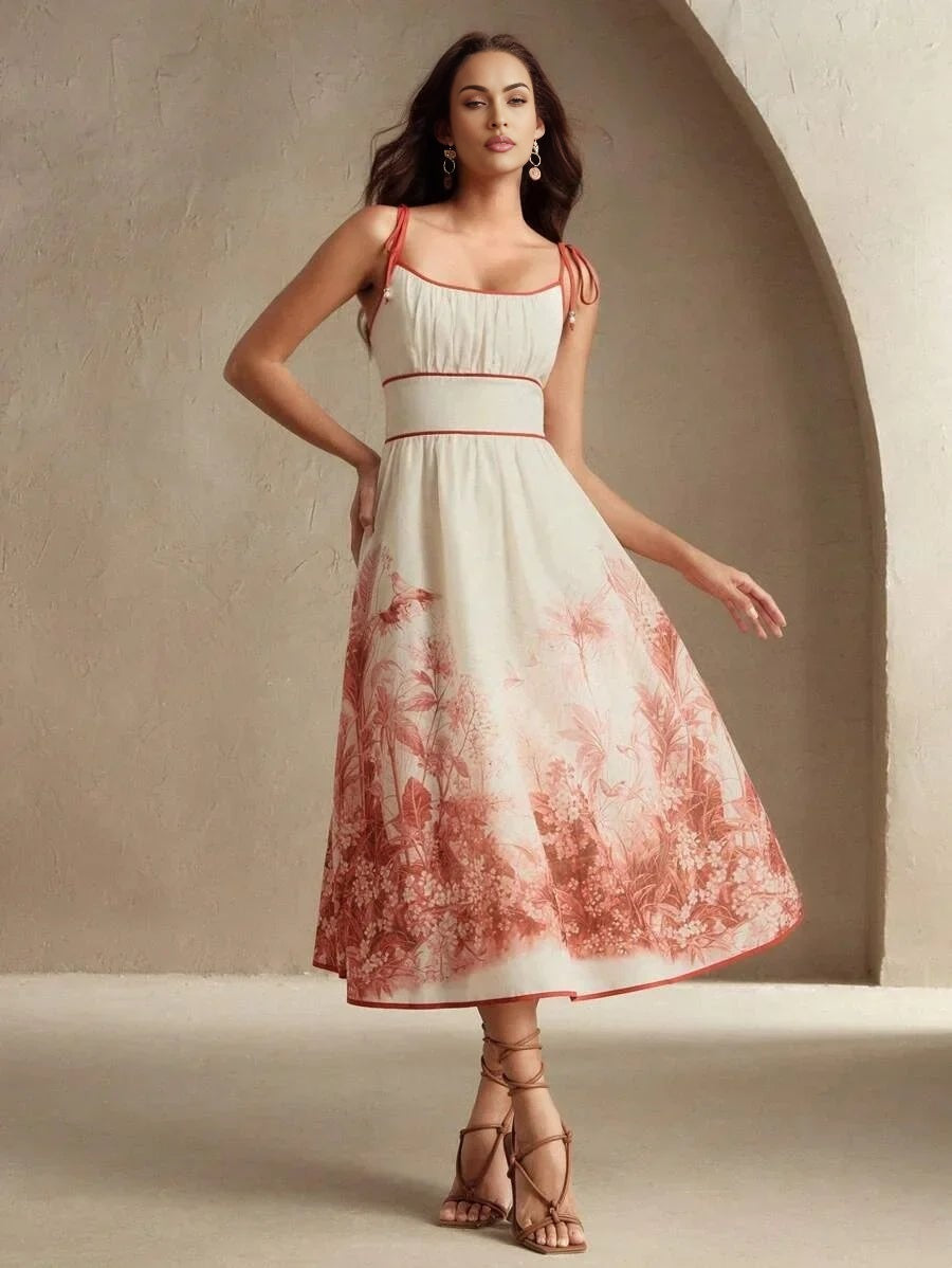 Carmina Midi Dress - Spaghetti Strap - Flared Hem - High Waist - Colorblock - Boho Style