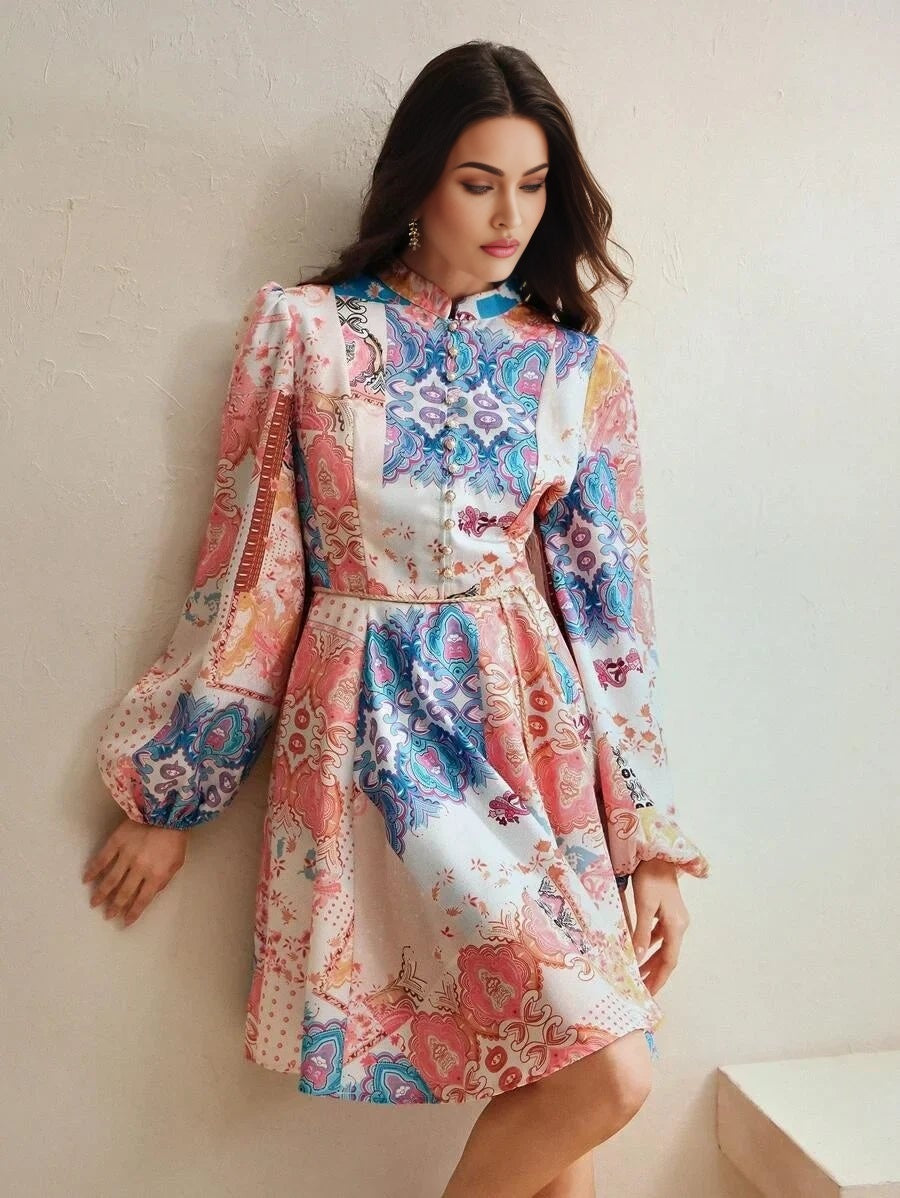Carmina Midi Dress - Stand Collar - Bishop Sleeve - High Waist - A Line - Elegant Style
