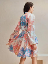 Carmina Midi Dress - Stand Collar - Bishop Sleeve - High Waist - A Line - Elegant Style