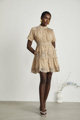 Carmina Mini Dress - Short Sleeve - Lace and Pleat Detailing - Button Fastening
