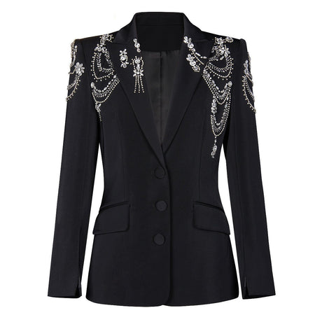 Carolina Blazer - Tailored Silhouette - Crystal Embellishments - Slim Fit - Deep Lapel - Rhinestone Appliqués