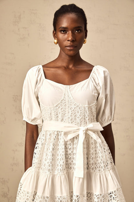 Carolina Midi Dress - Sweetheart Neck - Puff Sleeves - Lace Paneling - Tiered Design - Self - Tie Waist